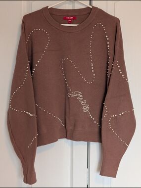 GUESS Mauve-Brown Pearl-Accent Crewneck Sweater